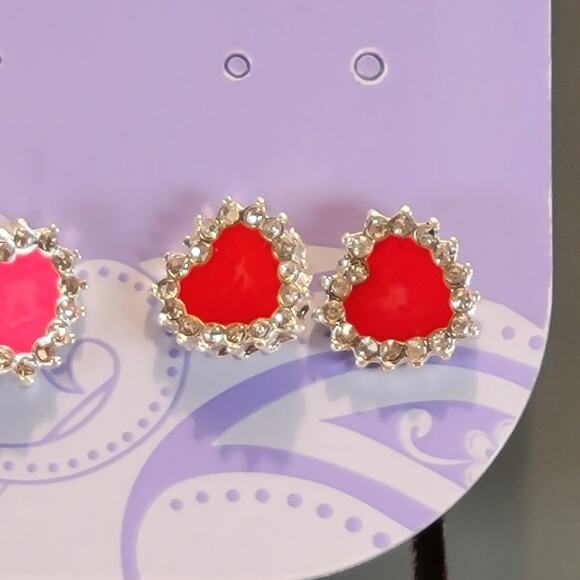 Charlie Girl Heart Stud Earrings Set Yellow Pink Red Rhinestone Trim Kidcore - Picture 4 of 7